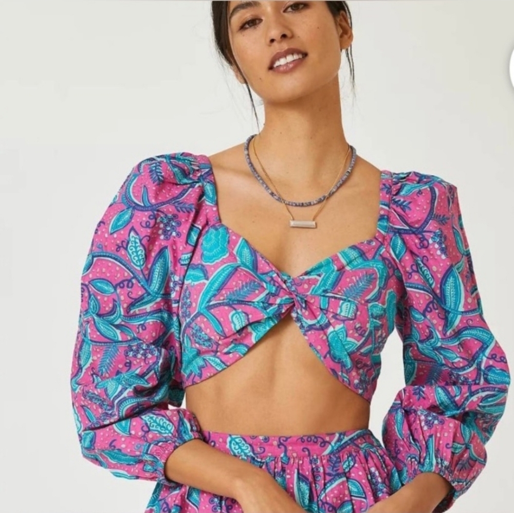 Anthropologie Love The‎ Label Printed Puff Sleeve Top Pink Women's Medium NWT